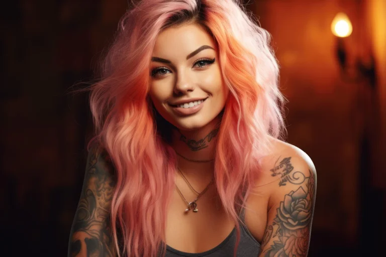 Beautiful smiling girl with light pink hair and tattoo