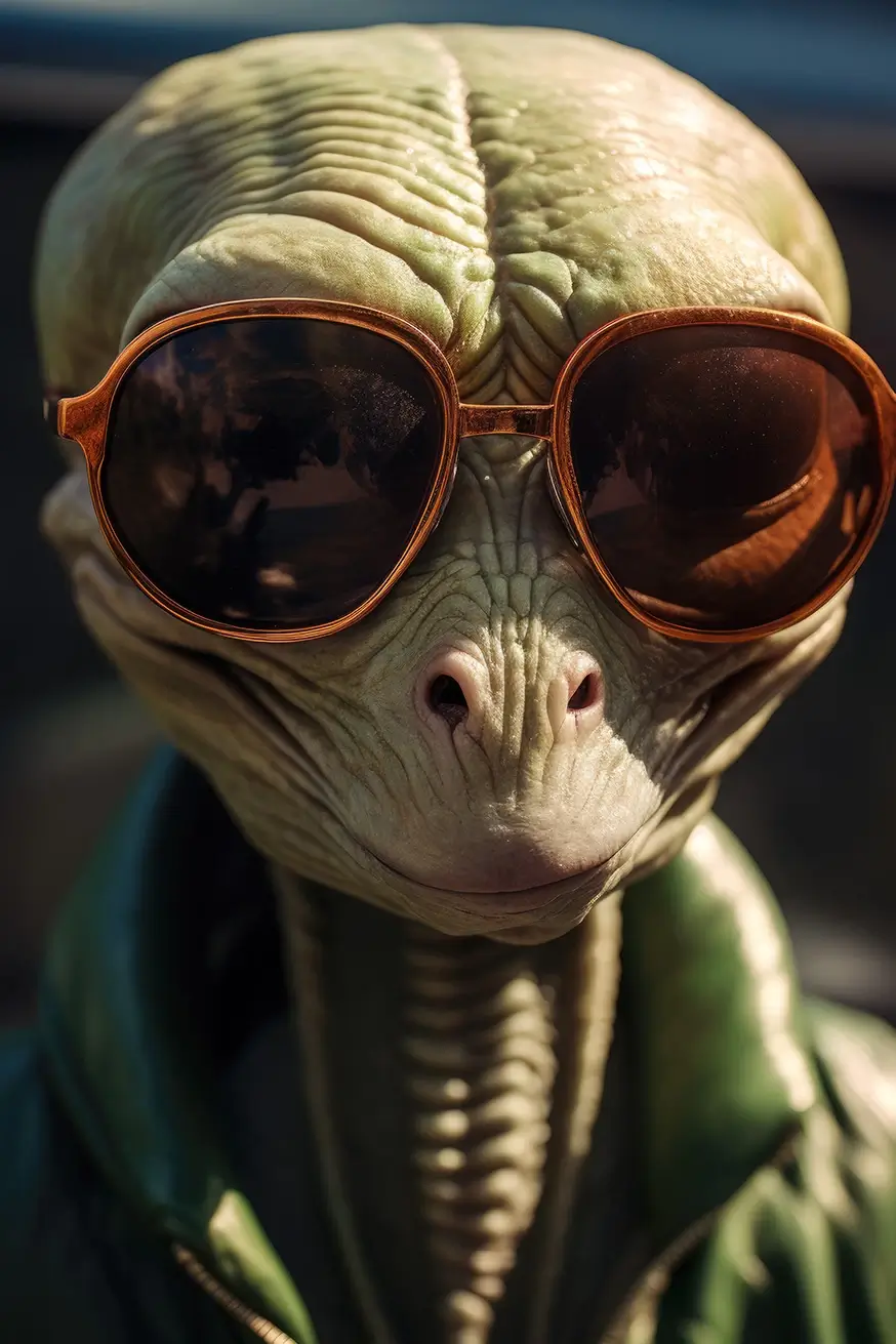 Funny old alien in green jacket and sunglasses