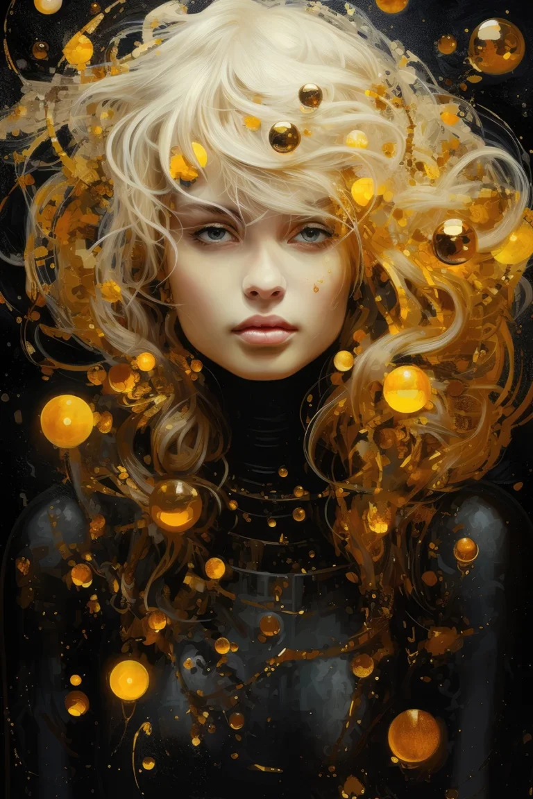 Fantasy girl in black wear with golden balloons