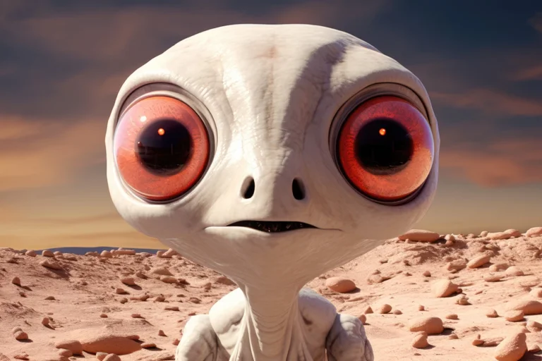 Cute white alien find camera on some planet