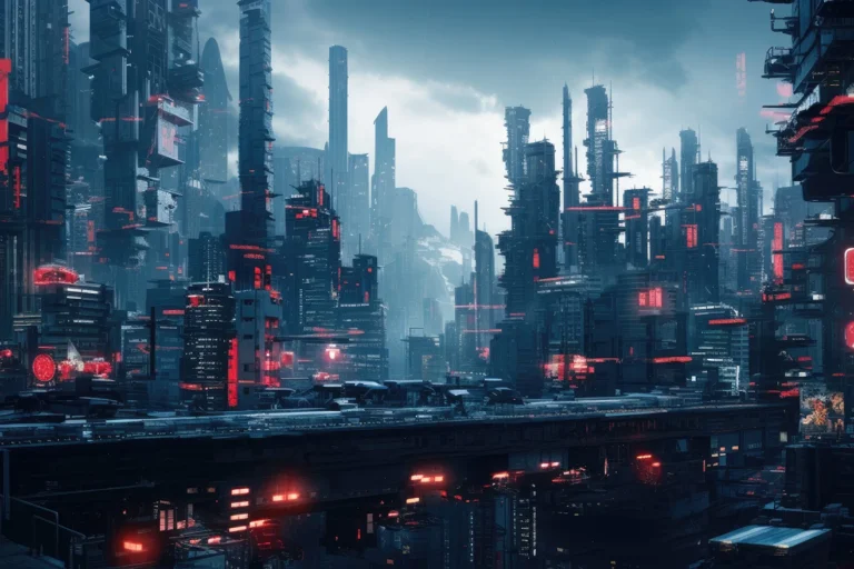 Futuristic city with black skyscrapers in rad lights