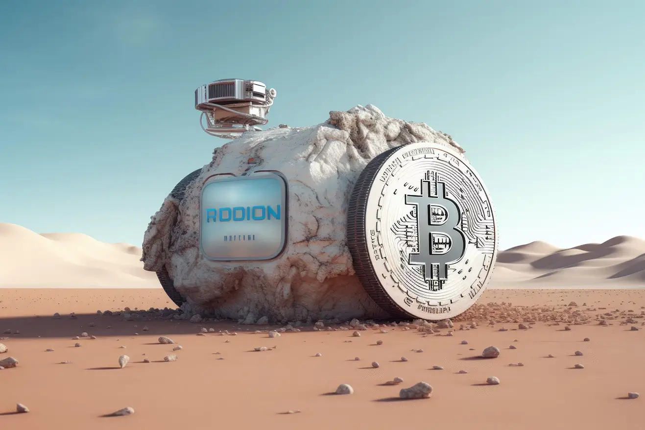 Weird stone on some planet with big metallic bitcoin disk