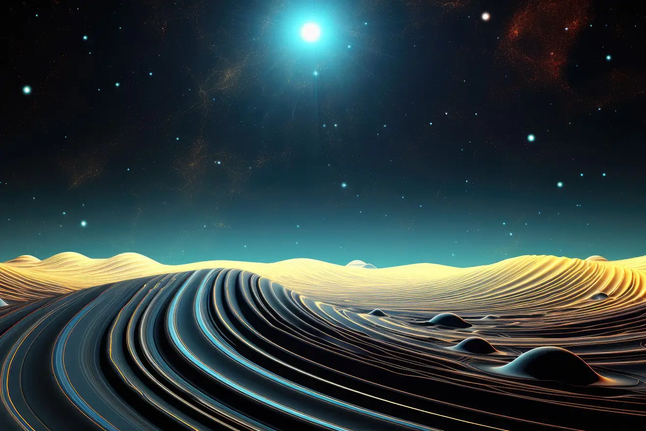 Planet surface made of gravitation rings with galaxy on horizon