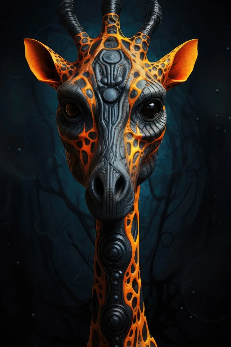 Weird alien giraffe with carved black and orange skin