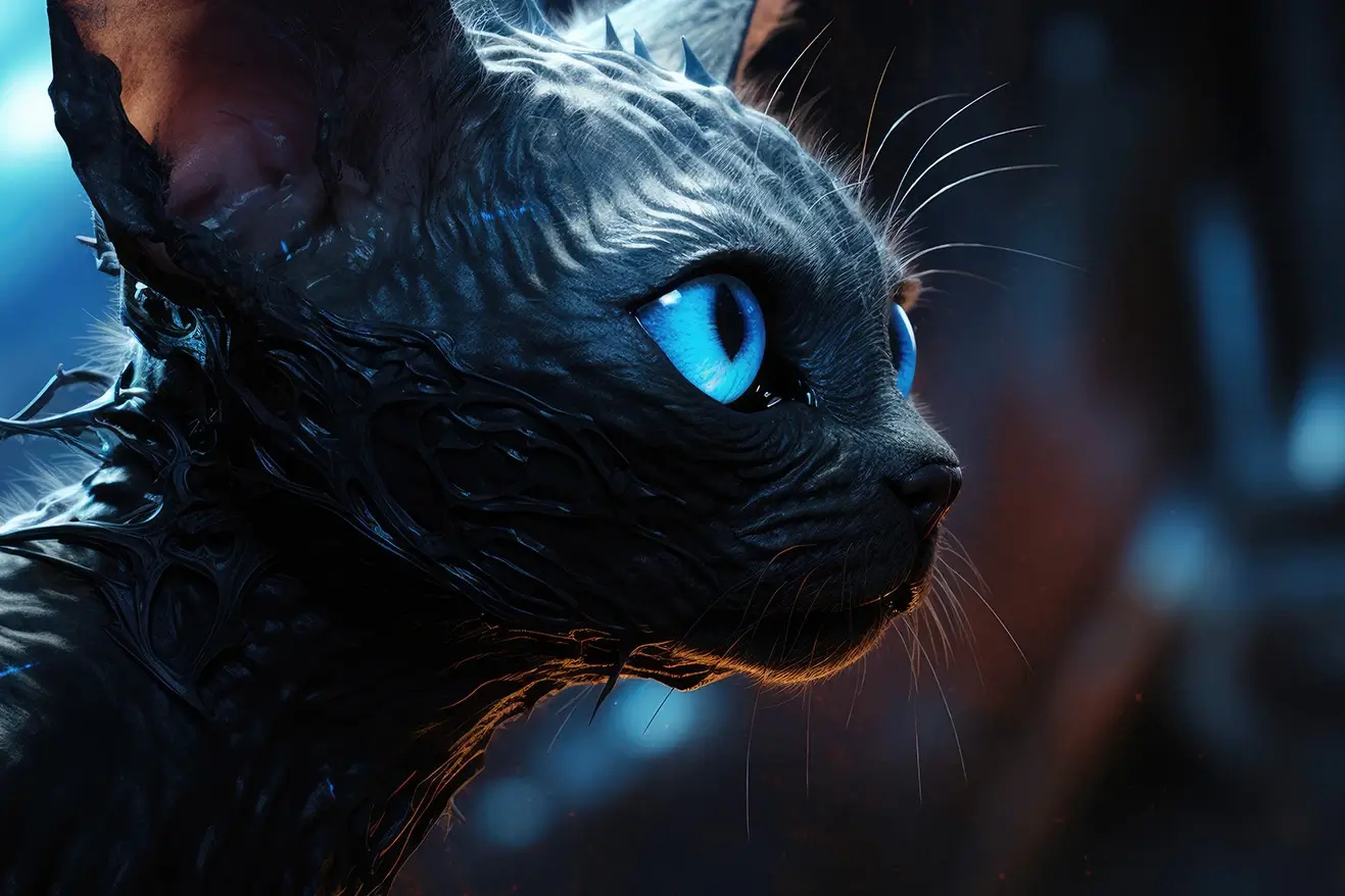 Black alien cat with blue eyes