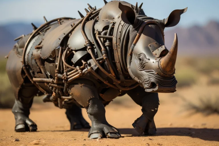 Robotic rhino made of dark rust metal