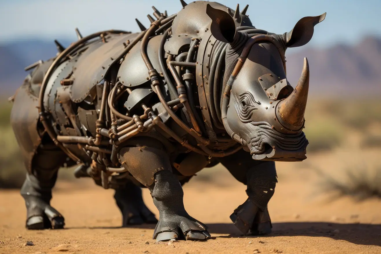 Robotic rhino made of dark rust metal