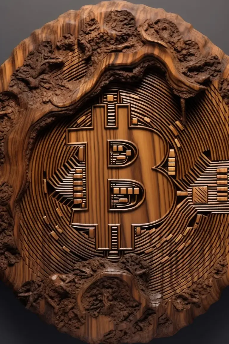 Bitcoin logo carved in the tree