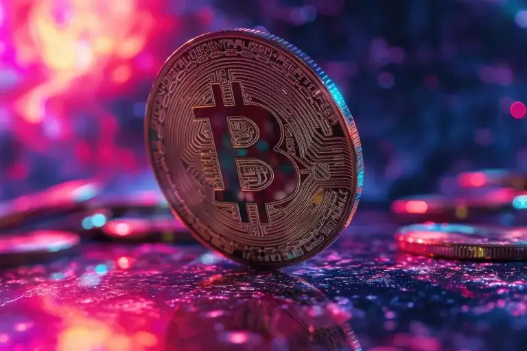 Golden bitcoin logo on purple neon background