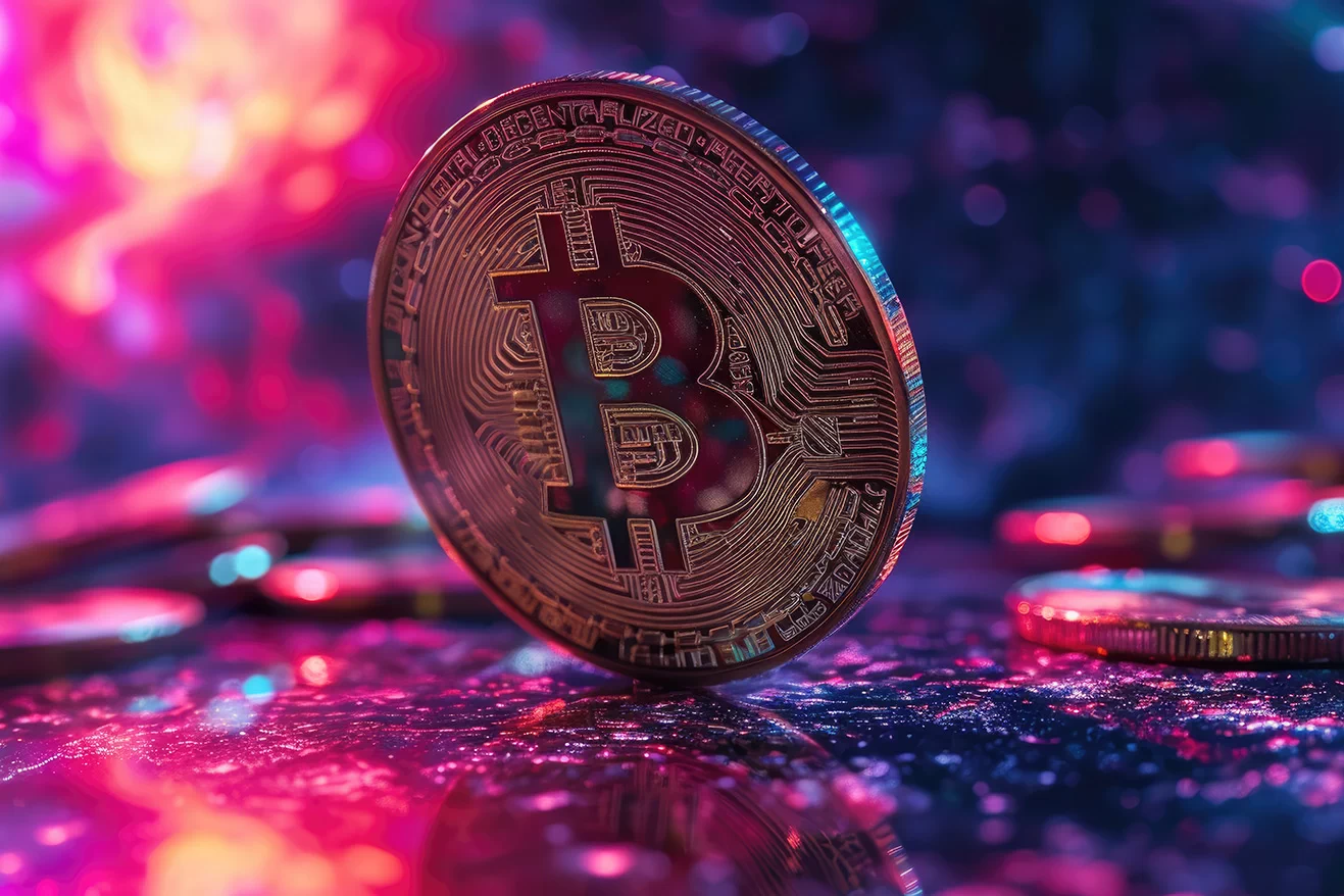 Golden bitcoin logo on purple neon background