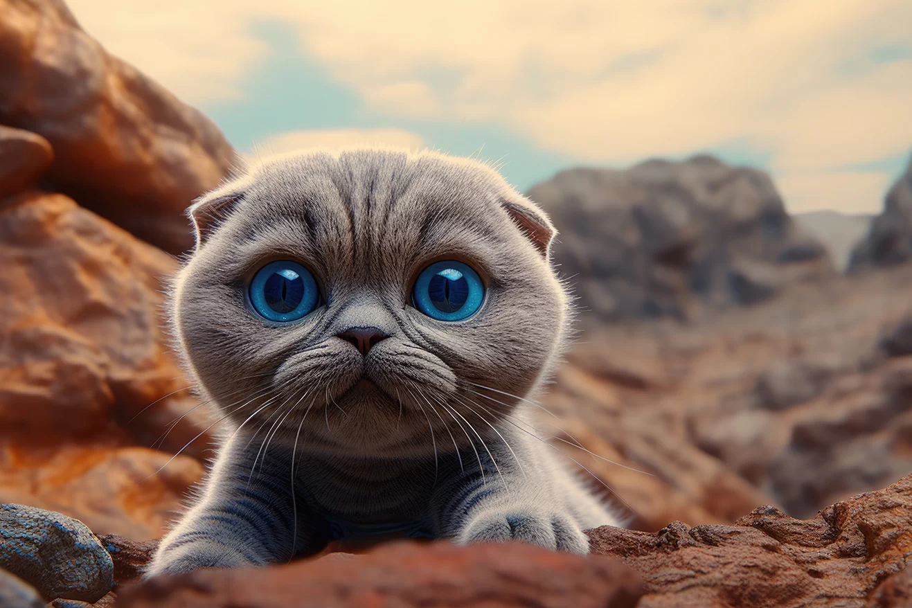 Cute little gray Scottish fold cat in desert