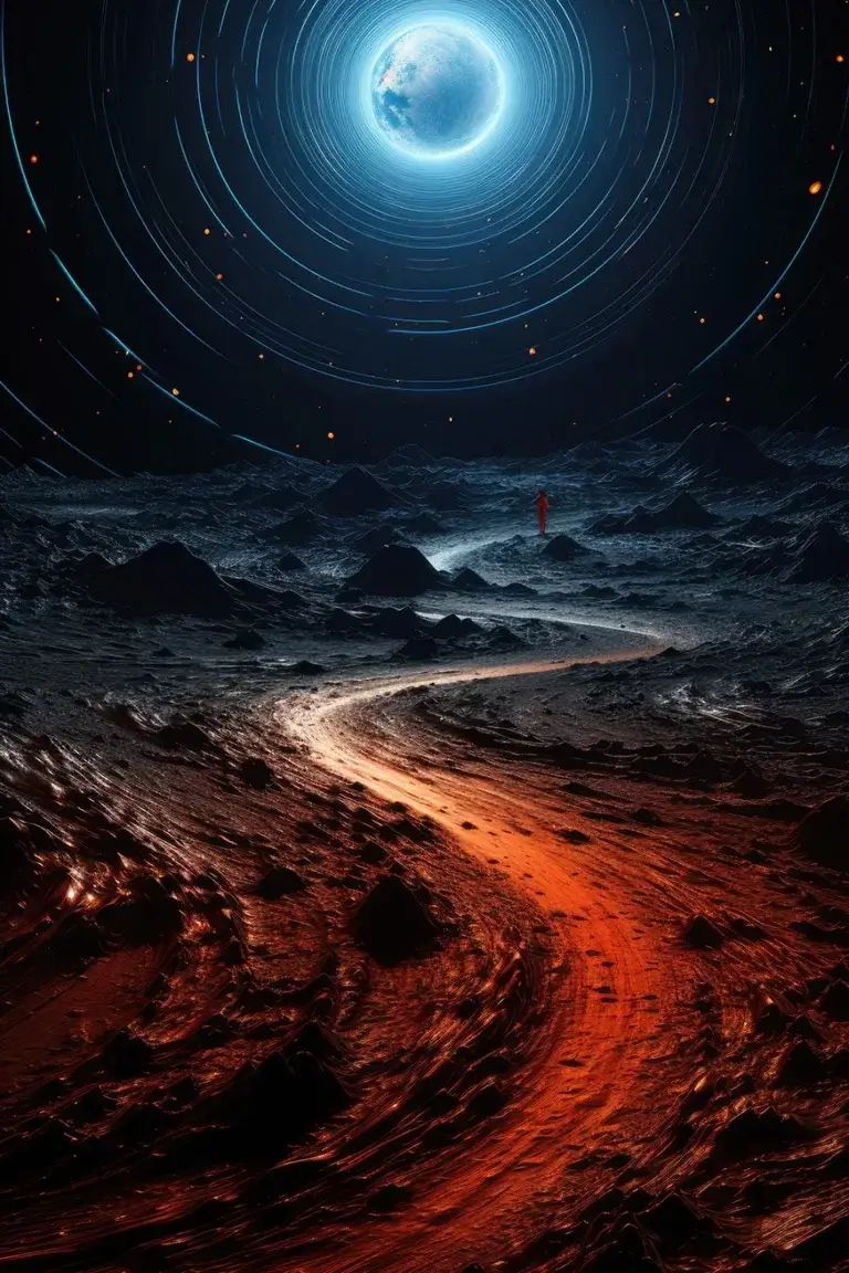 Planet landscape with road and rings near the moon