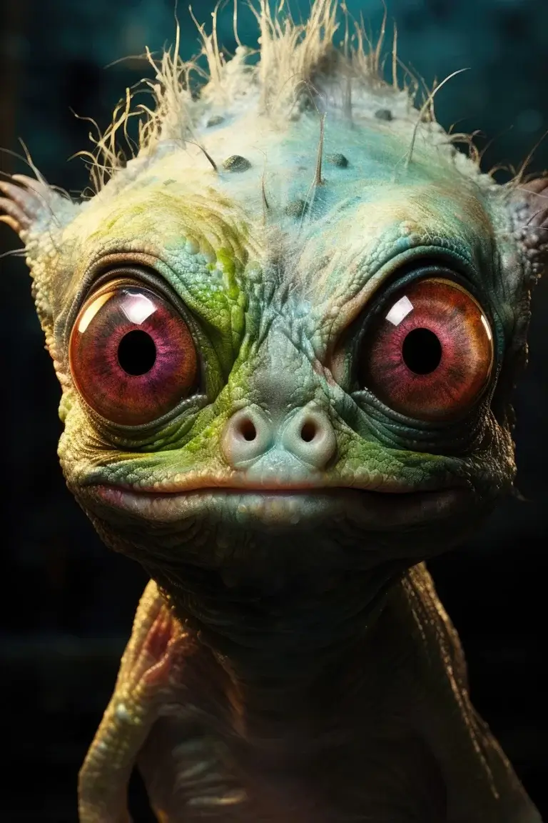 Weird funny alien frog creature with big eyes