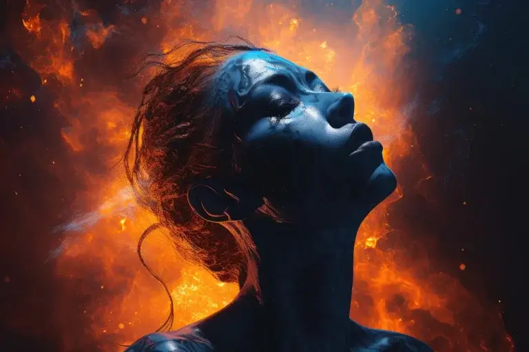 Woman with blue skin on fire background