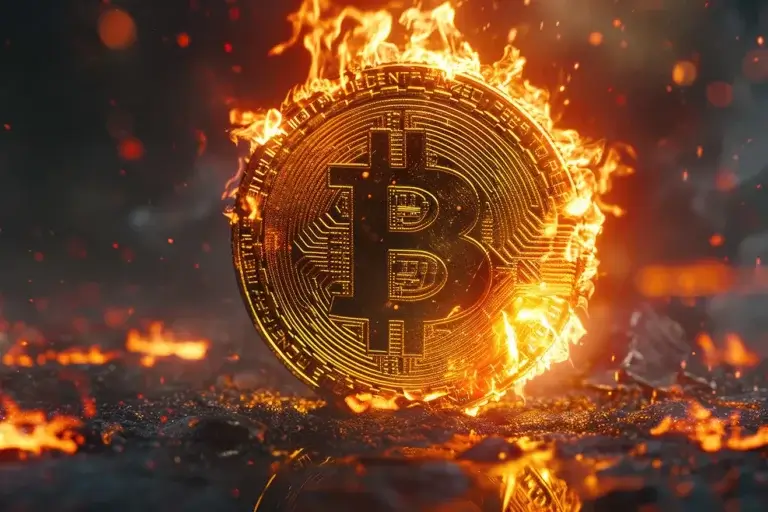 Bitcoin metallic logo burning in orange fire