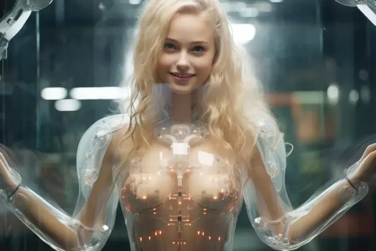 Blonde girl in cosmic transparent suit