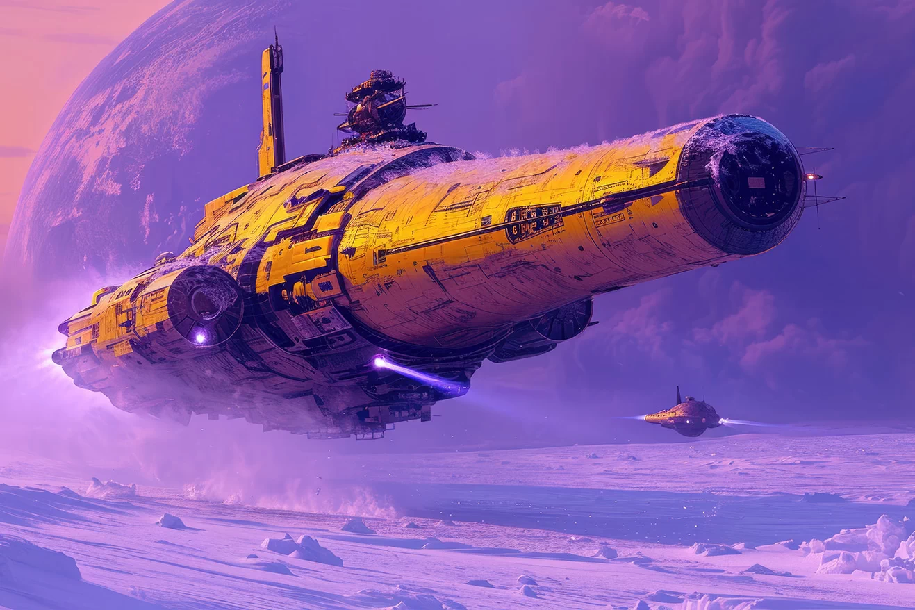 Yellow spaceship in purple lights flying over frozen ground on some planet