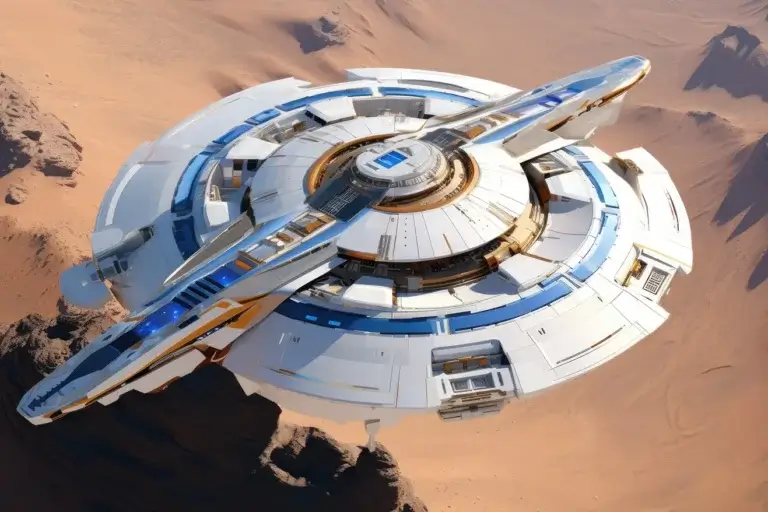 Futuristic white spaceship disk flying over desert