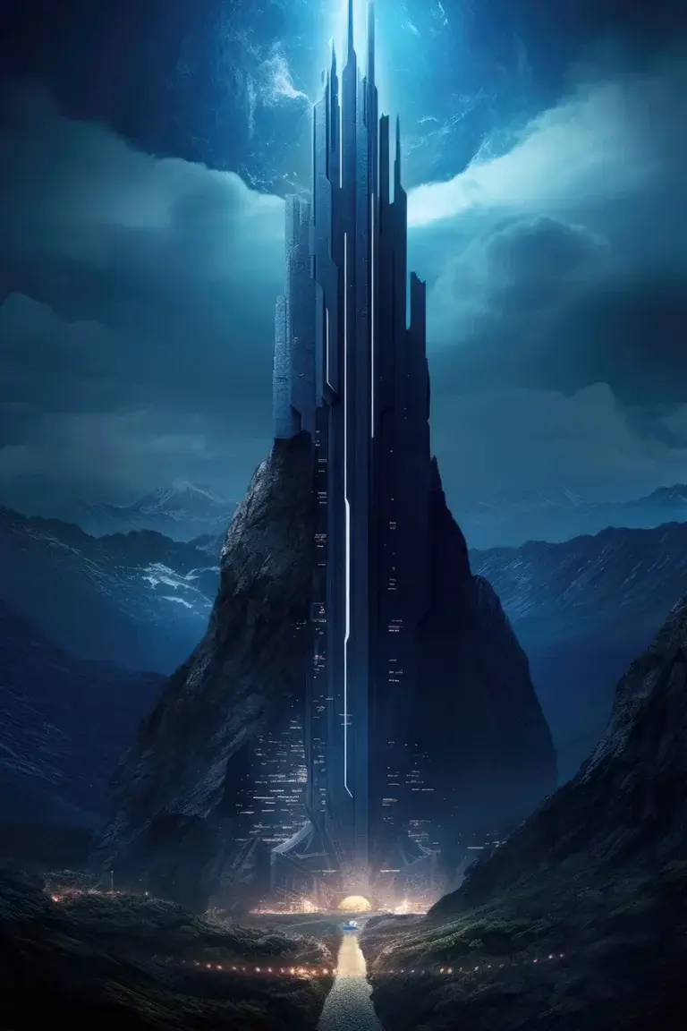 Huge futuristic tower in moon lights build in mountains