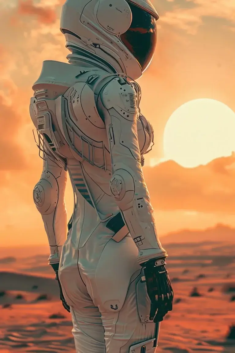 Astronaut girl in cool white suit and helmet at sunset