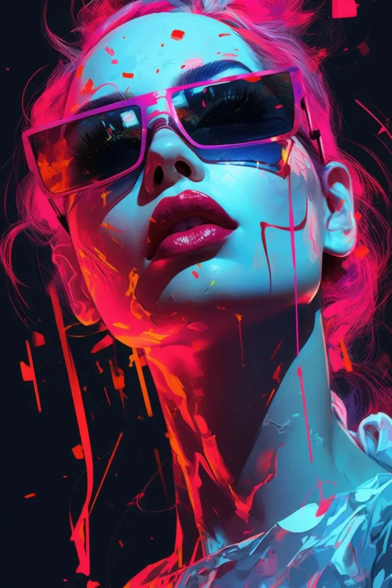 Girl in sunglasses painting in blue and red tones