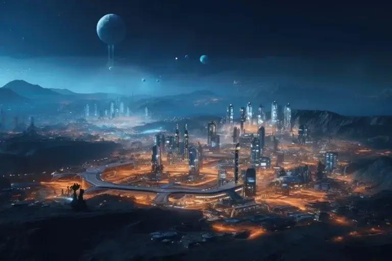 Futuristic city on some planet with a lot of moons