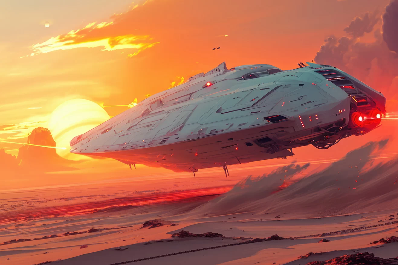 White futuristic spaceship in pastel colors at sunset