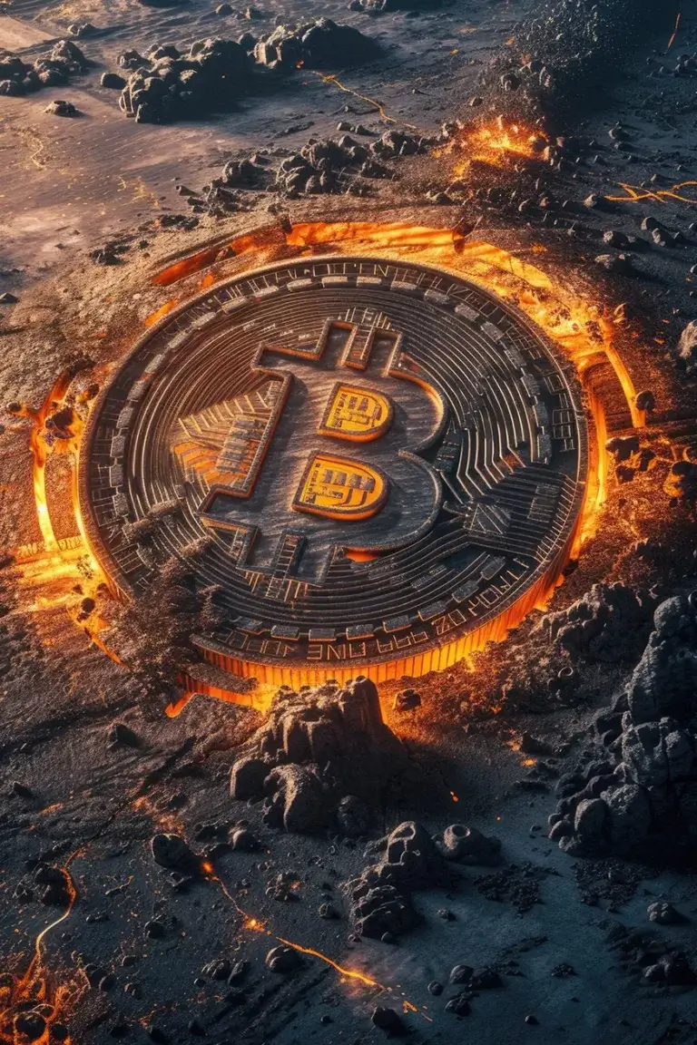 Huge Bitcoin logo on dark planet surface with orange lights