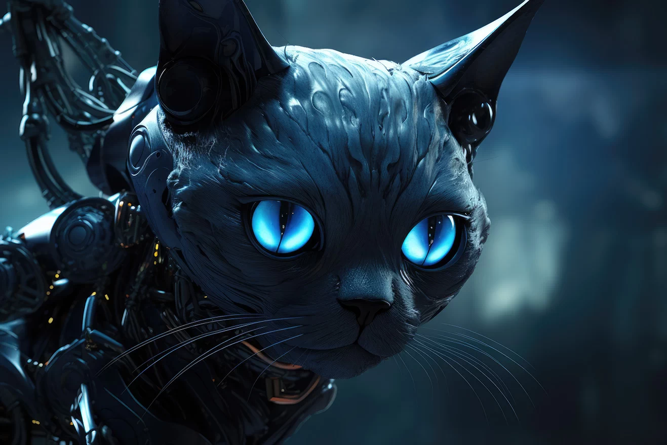 Black robotic cat with blue eyes