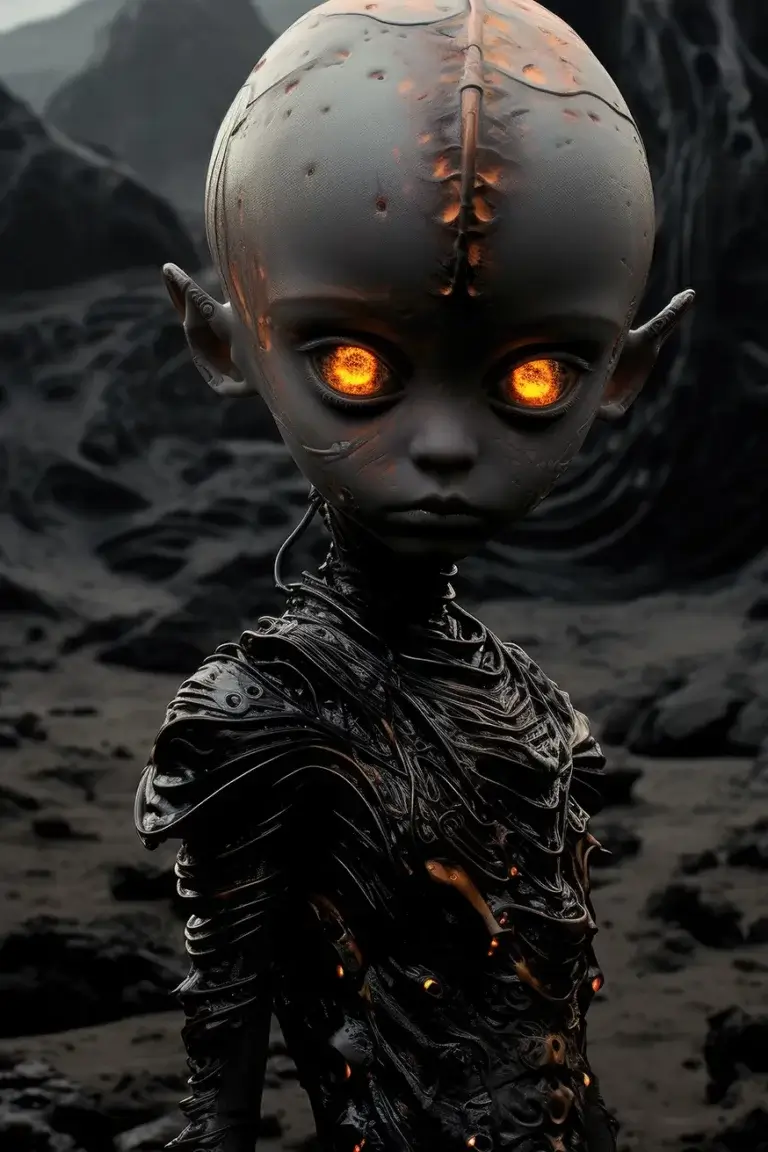 Weird alien child with black skin and fire eyes