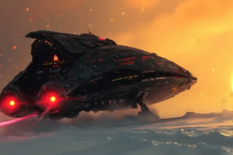 Big black spaceship with red lights on frozen planet