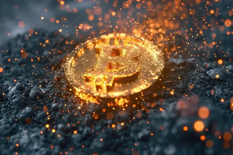 Bitcoin logo on dark background with orange sparkles