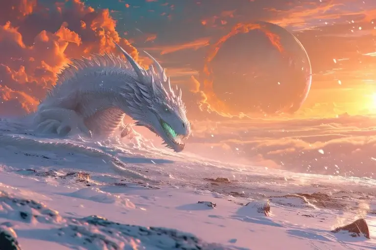 White dragon in the snow at sunset landscape