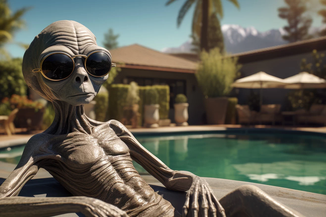 Alien in sunglasses sitting near pool