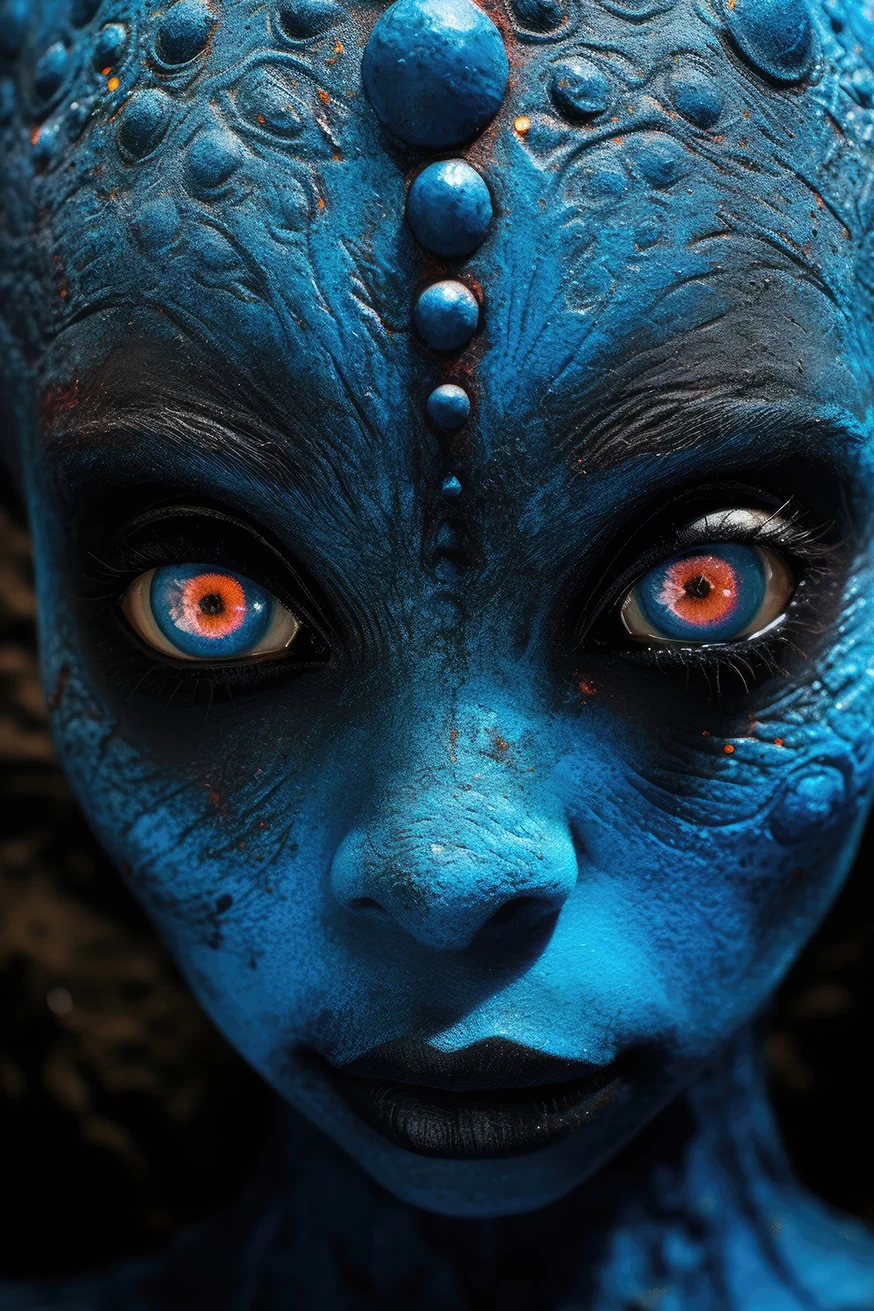 Alien portrait with blue skin and red eyes