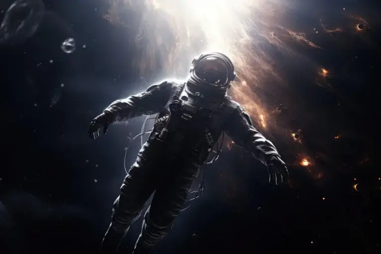 An astronaut in space with a bright light behind him