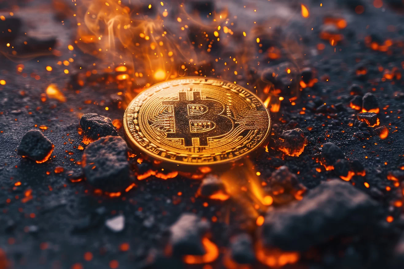 Golden bitcoin logo burning in flames