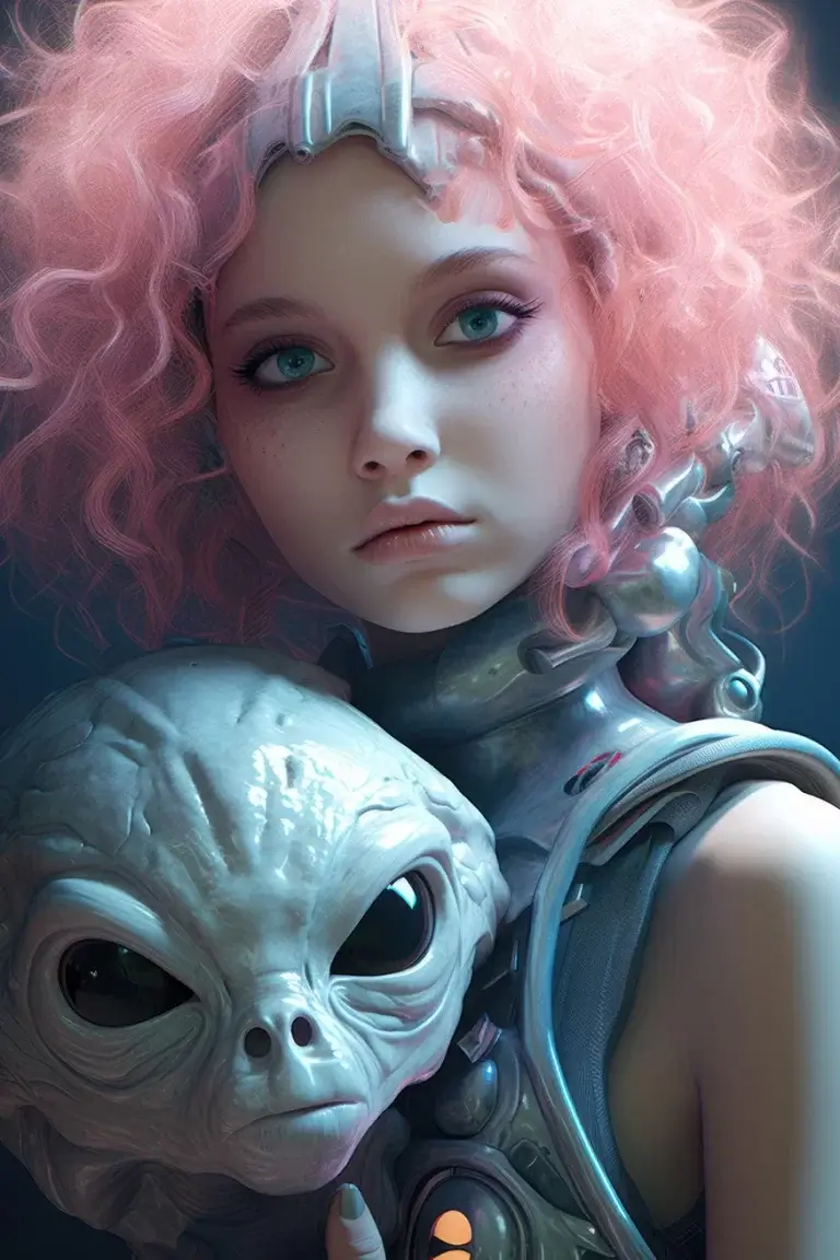 A girl with pink hair holding small alien