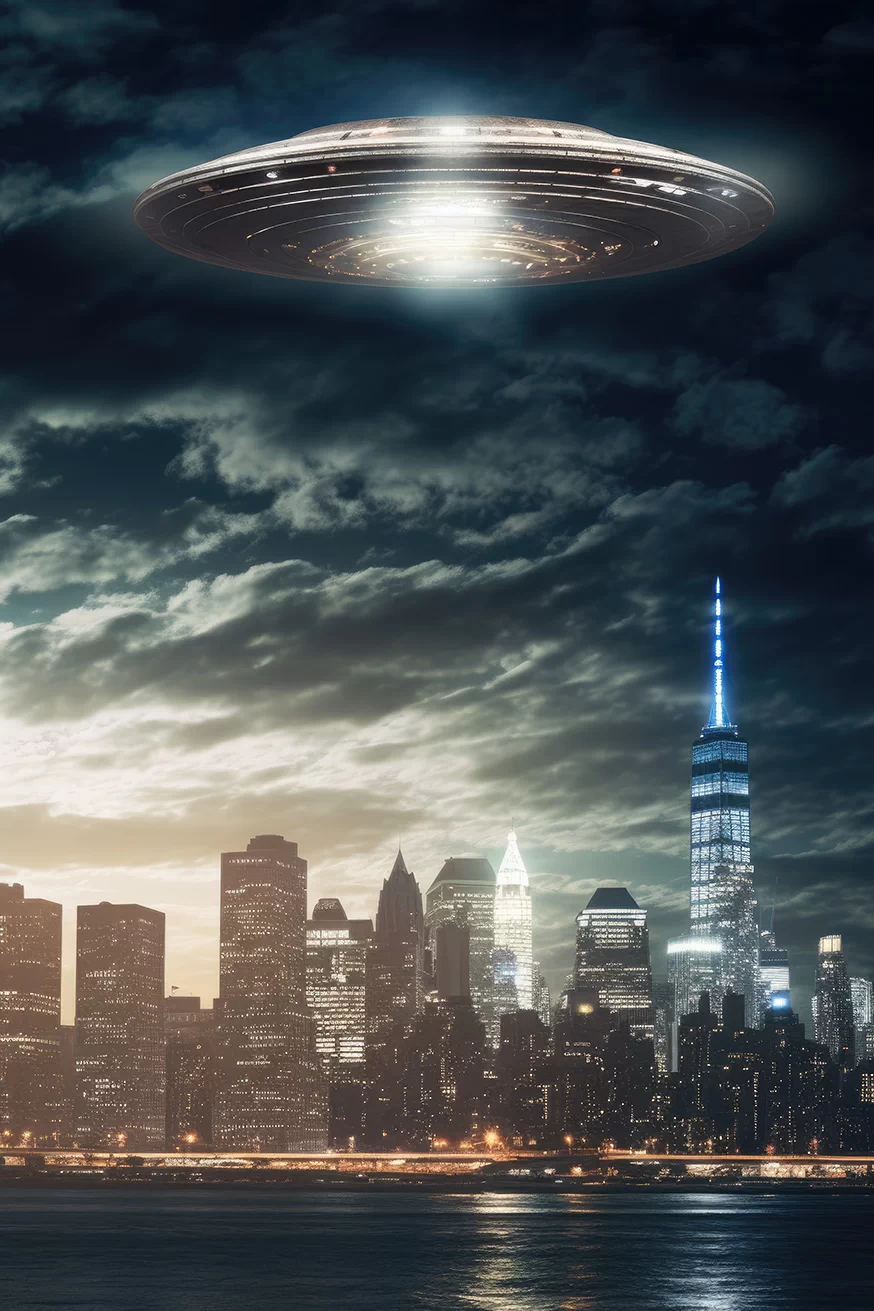 UFO disk flying over a city at night