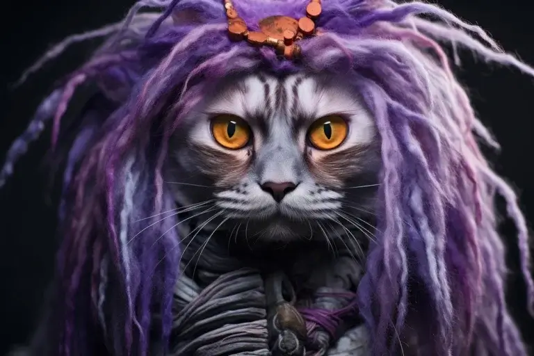 Strange cat with vibrant purple hair