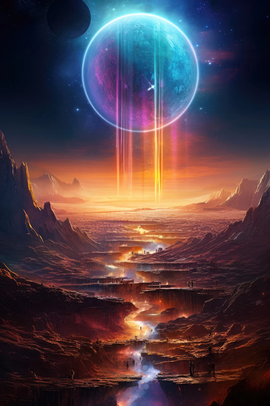 Stunning landscape with a vibrant planet and magic lights