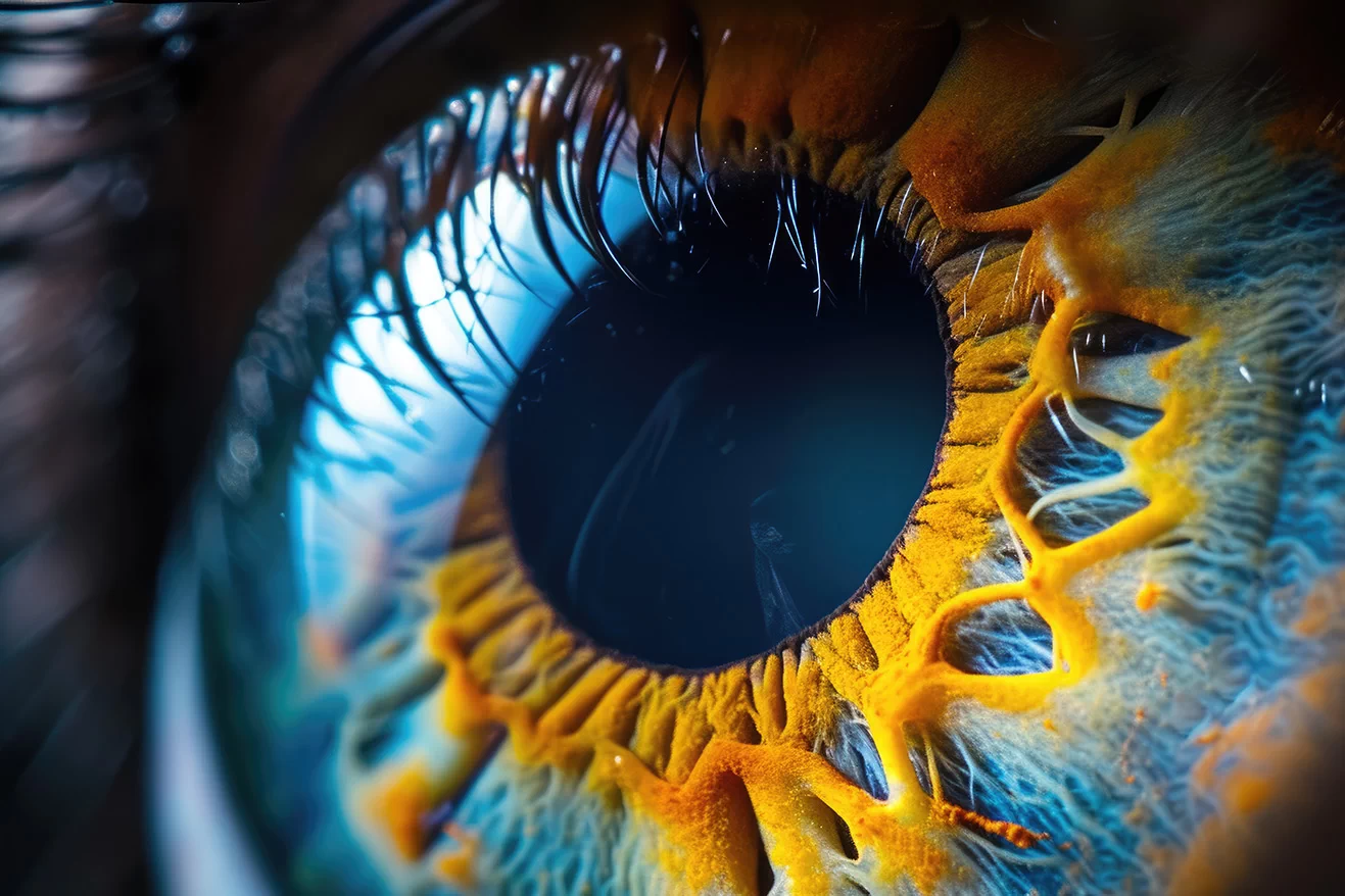 Eye retina closeup photo in yellow and blue colors