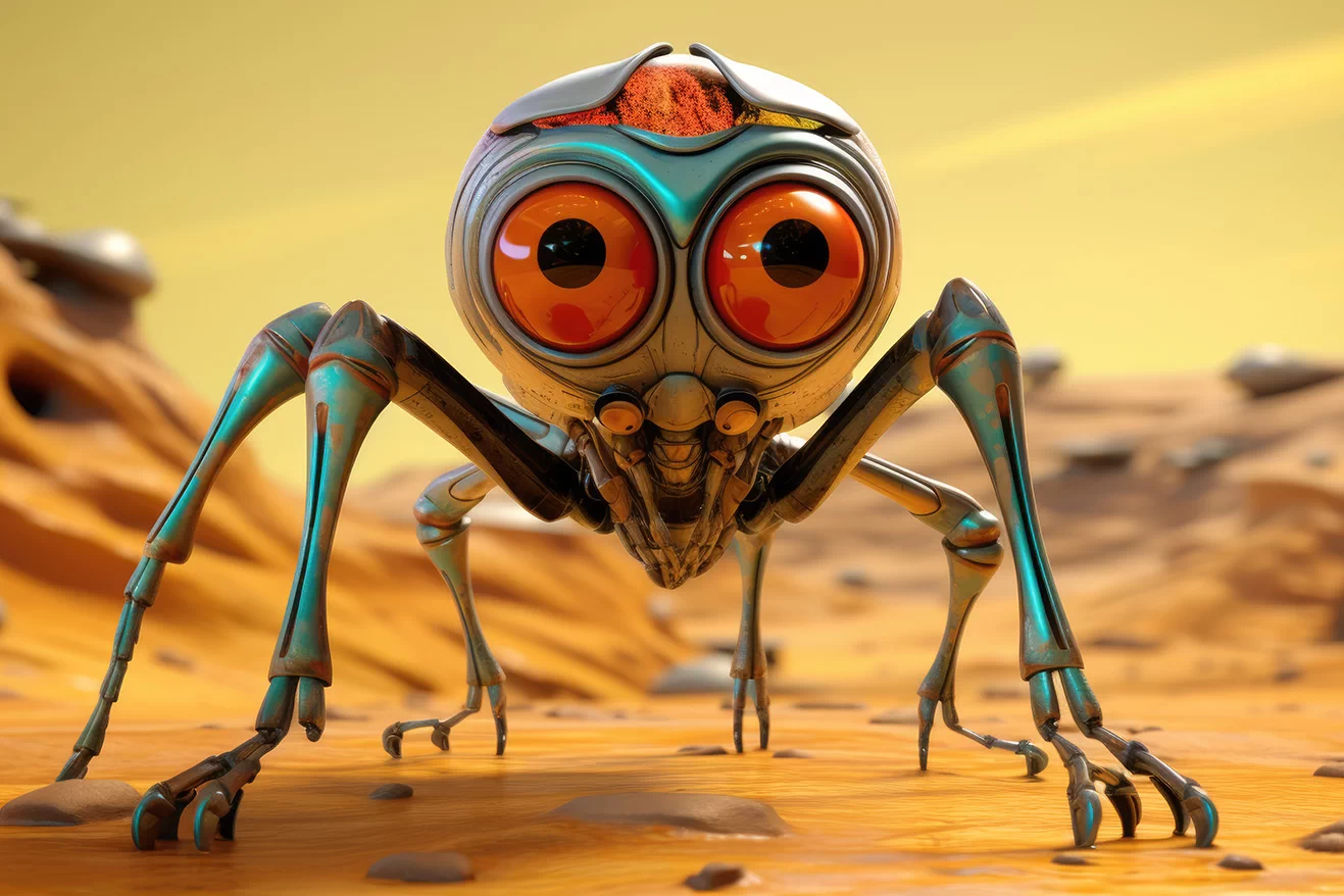 Weird alien bug with metallic green legs and big orange eyes