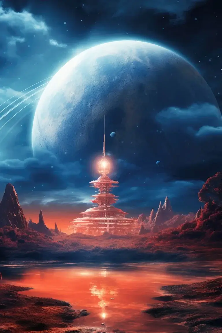 Night planet landscape with orange lake and big blue planet rising