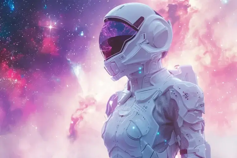 Woman in cool futuristic white astronaut suit on pastel galaxy background