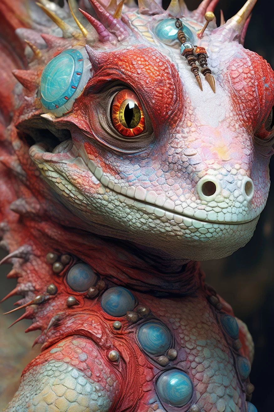 Humanoid iguana with red and green skin