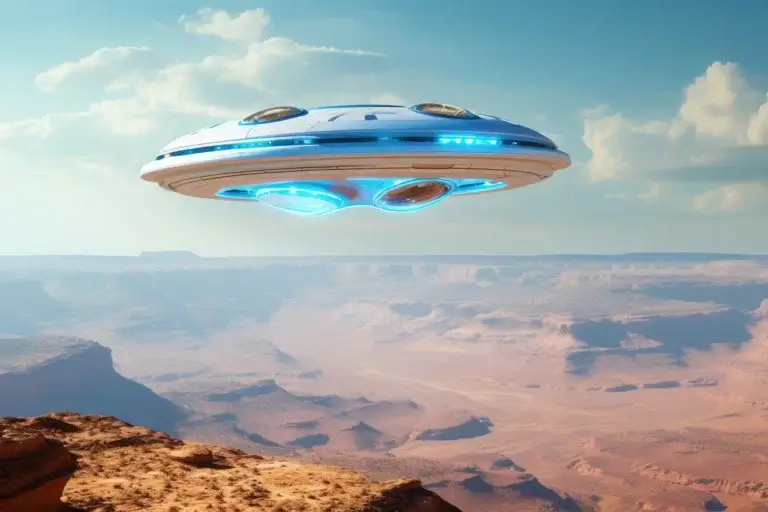 Futuristic UFO disk with blue lights over valley