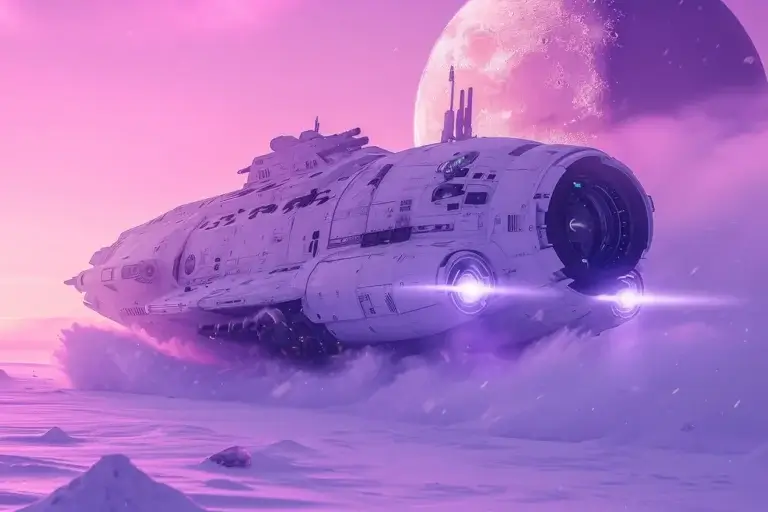 Frozen purple landscape with spaceship and rising planet