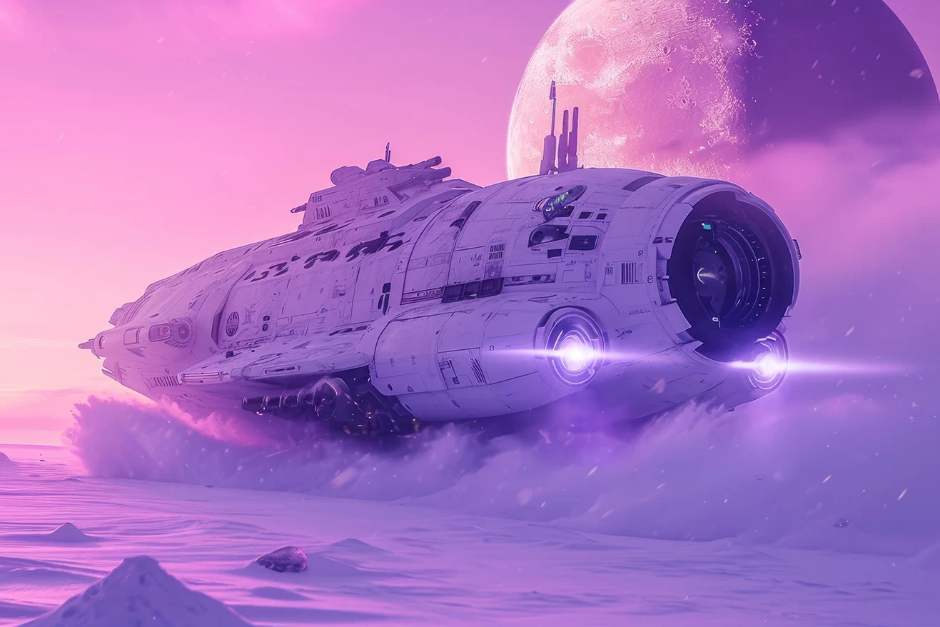 Frozen purple landscape with spaceship and rising planet