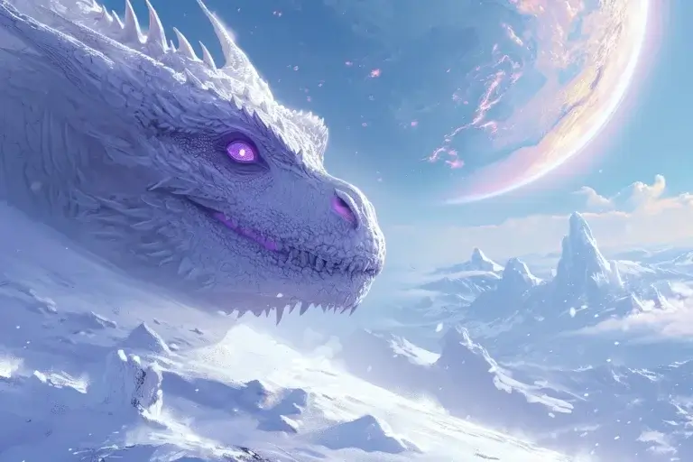 White dragon with purple eyes in snow mountains